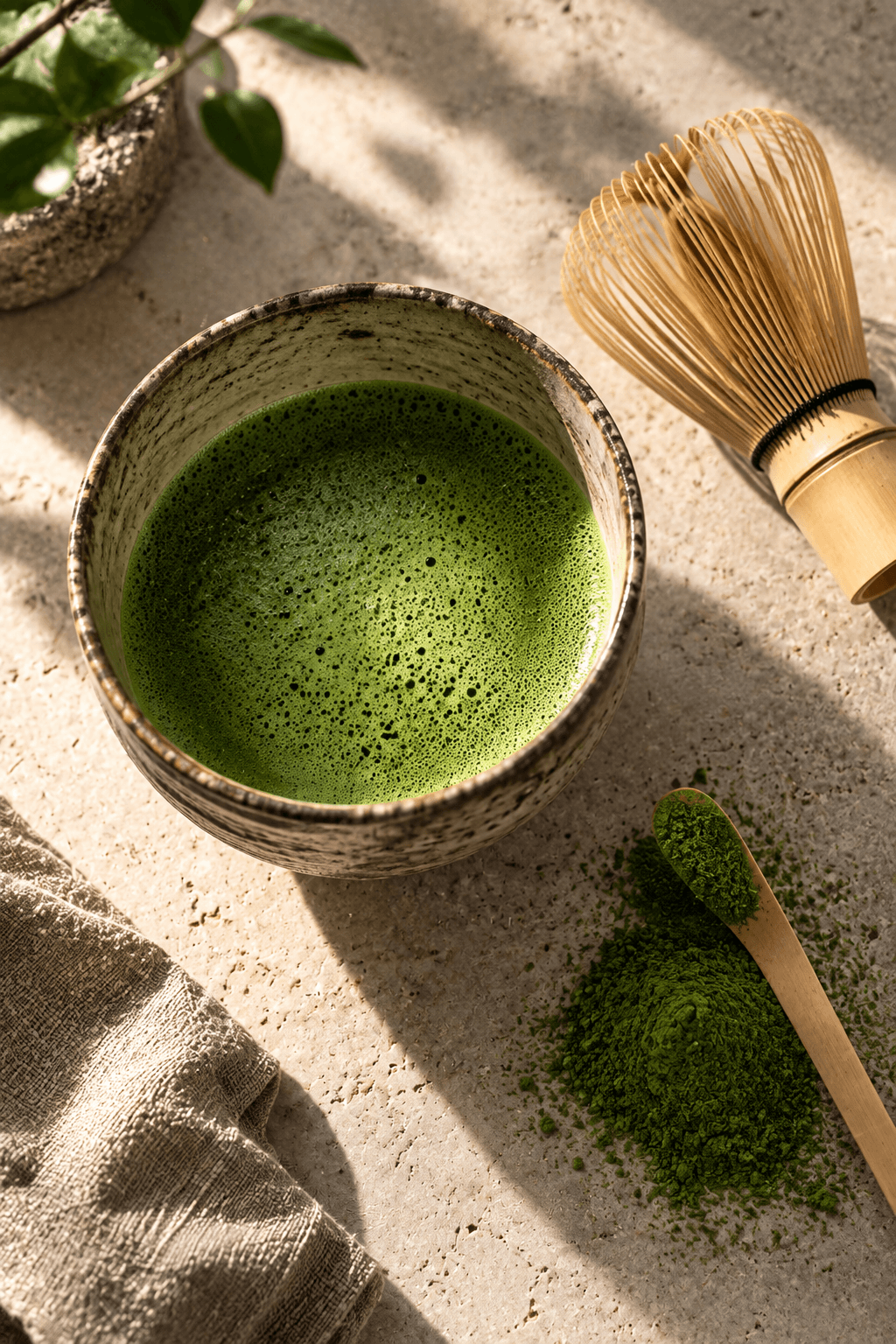 Illustration: Matcha wird mit dem Chasen in der Schale geschlagen