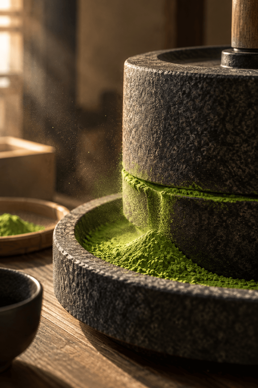 Illustration: Steinmühle, aus der frisch gemahlener Matcha rieselt